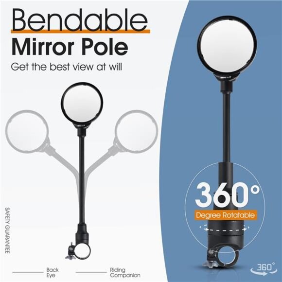 Bike Mirror Handlebar Mount, Adjustable Rotatable Bicycle Rear View Mirror, Wide - Picture 5 of 7